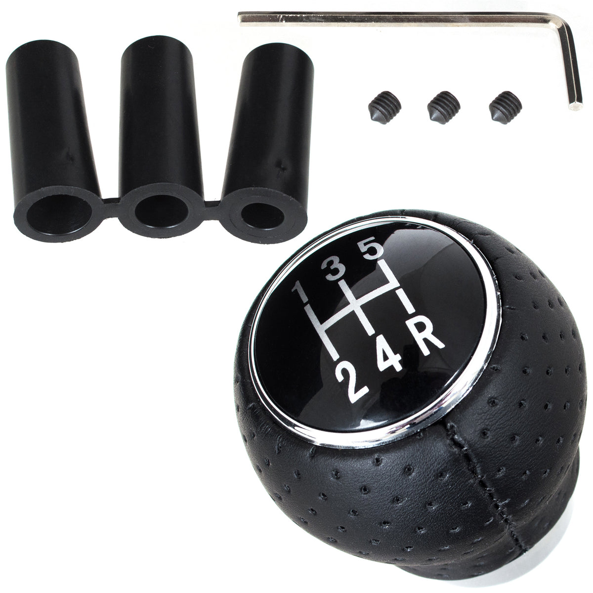 UNIVERSAL gear knob BLACK LEATHER + CHROME 5 GEARS