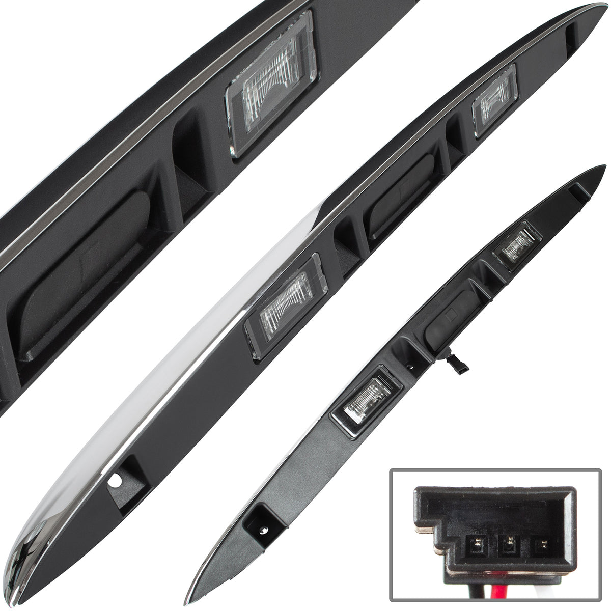 MINI R57 07-15 license plate light trim panel with trunk lid opening microswitch CHROME