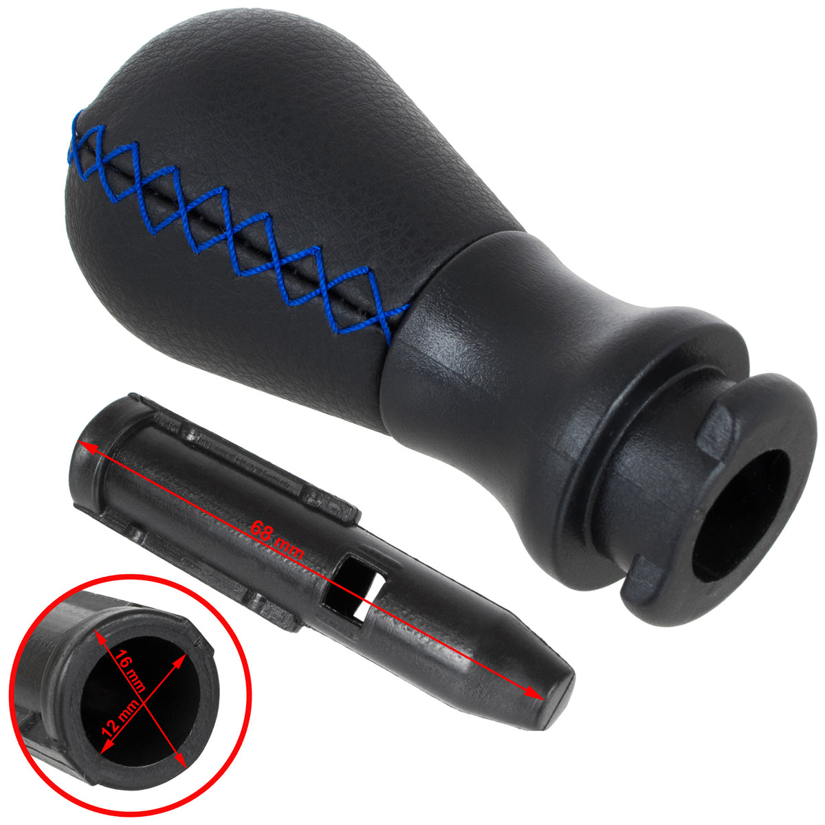 Peugeot 206 / 206+ gear knob BLACK LEATHER + BLUE THREAD 5 GEARS + adapter / gear stick knob adapter 2 pcs. set
