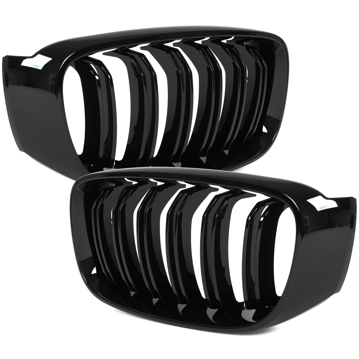 BMW 3 F34 GT 13-20 grilles between headlights (kidney grilles) left + right set. BLACK GLOSSY DOUBLE BAR