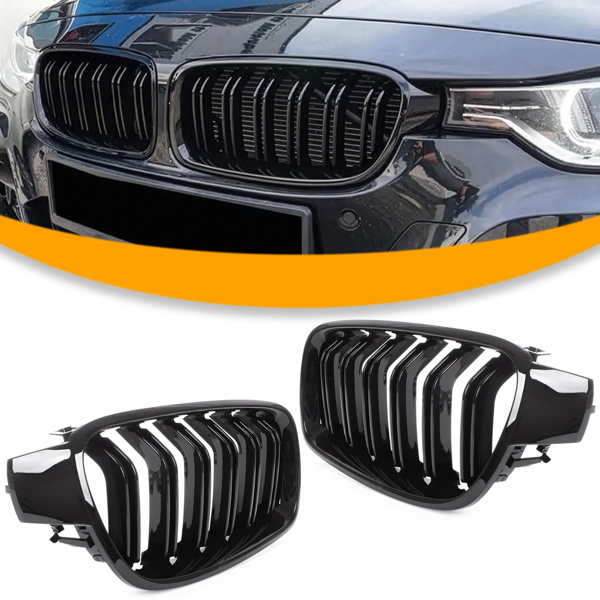 BMW 3 F30 / F31 11-15 SEDAN / KOMBI atrapy między reflektory (nerki) lewa + prawa kpl. BLACK GLOSSY DOUBLE BAR